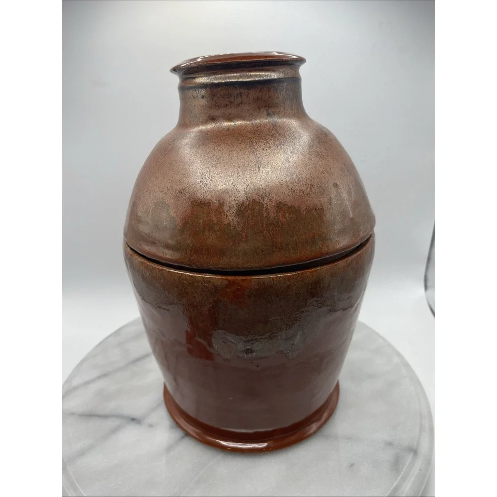 Studio Pottery Artisan Lidded Jar Brown Bronze Metallic Glaze 9.5 In Handcrafted